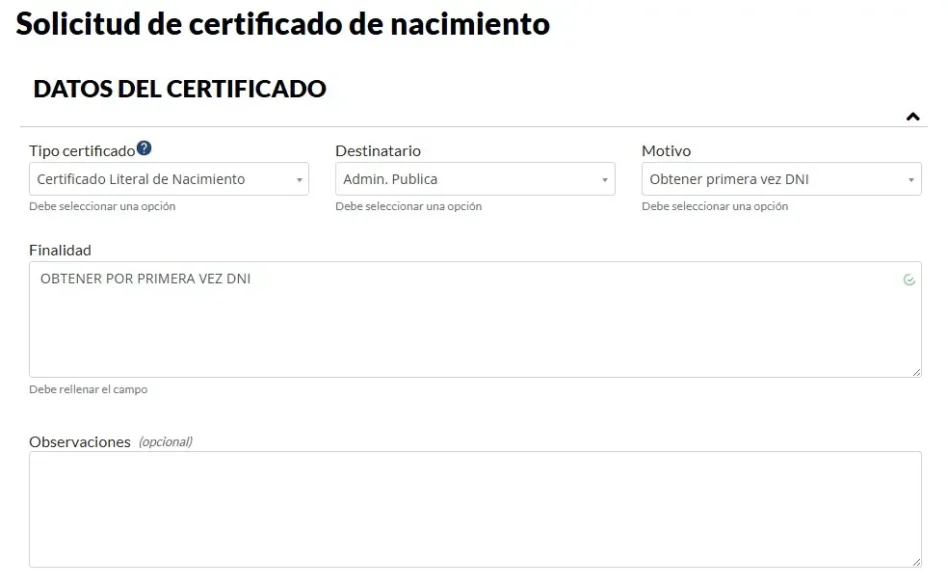 solicitud certificado dni datos del certificado