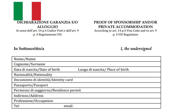 declaración de garantía o alojamiento en italia