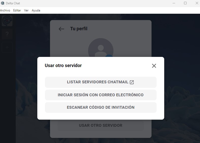 Delta Chat. Configurar correo electrónico.