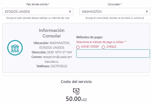 Ejemplo costos eVisa en USD