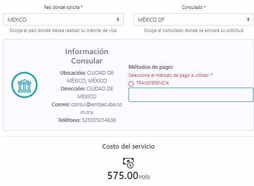 Ejemplo costos eVisa pesos mexicanos
