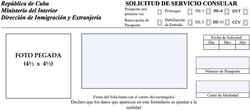 Planilla solicitud de pasaporte cubano. 