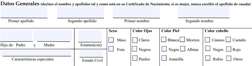 Planilla solicitud de pasaporte cubano. Datos generales.