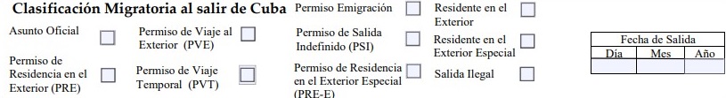 Planilla solicitud de pasaporte cubano. Clasificación migratoria.