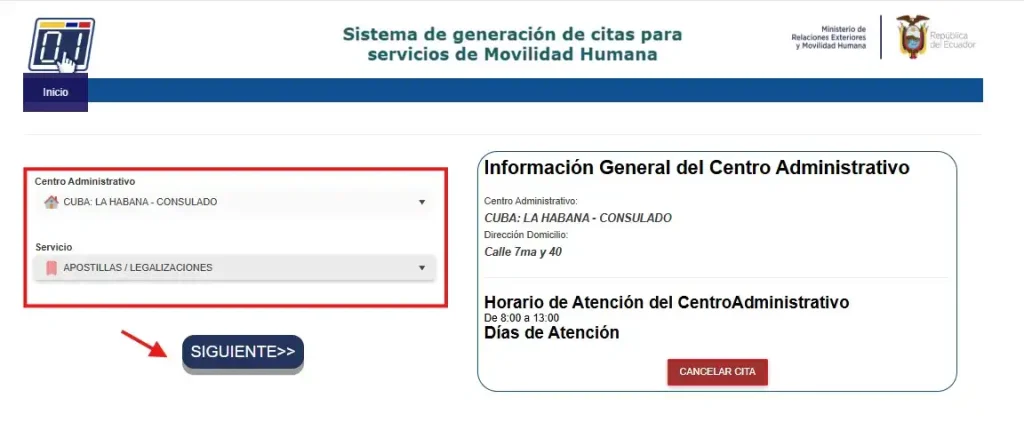 cita legalizacion ecuador cuba inicio