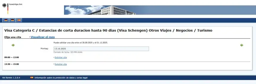 cita visa alemania fecha horario